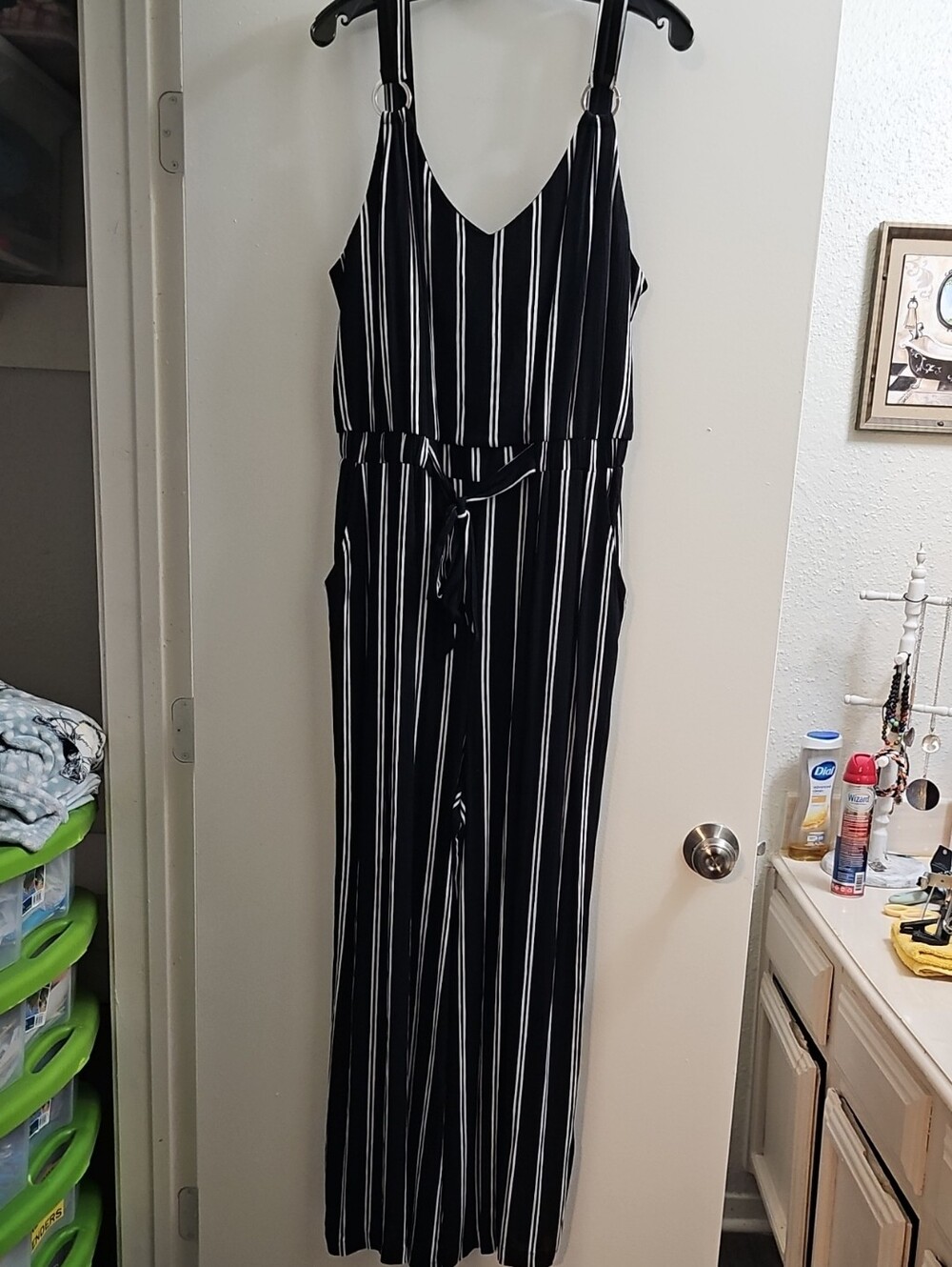 No Boundaries Black and White Vertical Stripe Jumpsuit
